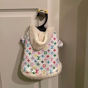 Imitation LV dog jacket with hood.